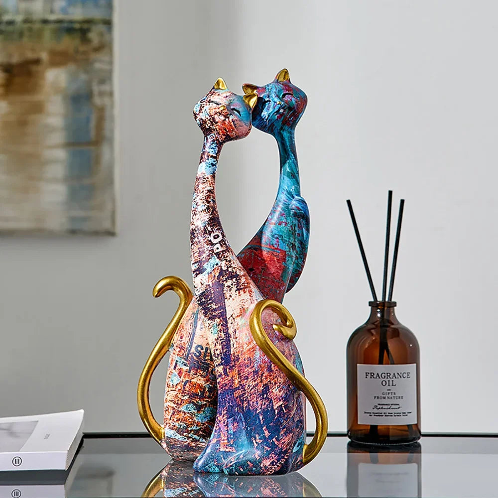 Escultura de Gato Estilo Europeu em Resina para Decoração Lenogue Gatos (2 Peças)
