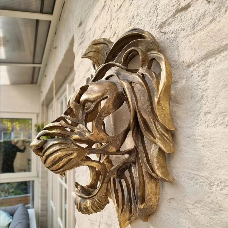 Escultura de Parede Cabeça Leão Dourada em Alto Relevo Lenogue Dourado