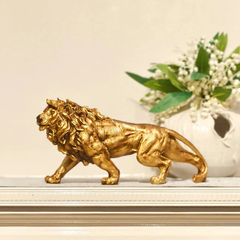 Estátua de Leão Dourado em Resina para Decoração Lenogue