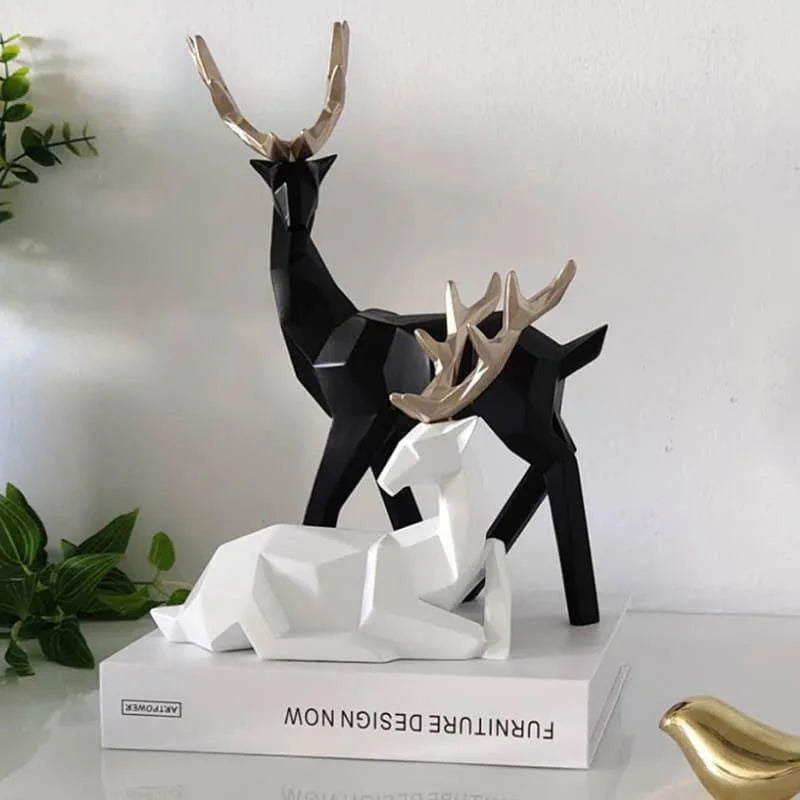 Estátuas de Cervo para Decoração Mesa em Resina 2 Peças Lenogue Preto e Branco