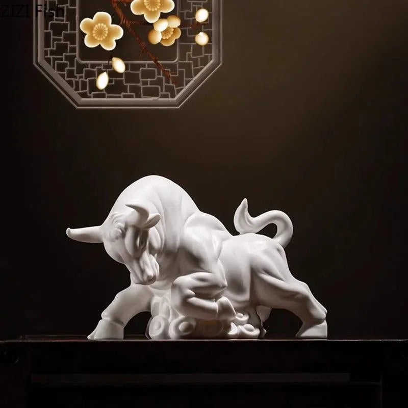 Estatueta de Touro Dourado Decorativa Simbolo Riqueza para Sala Lenogue Branco