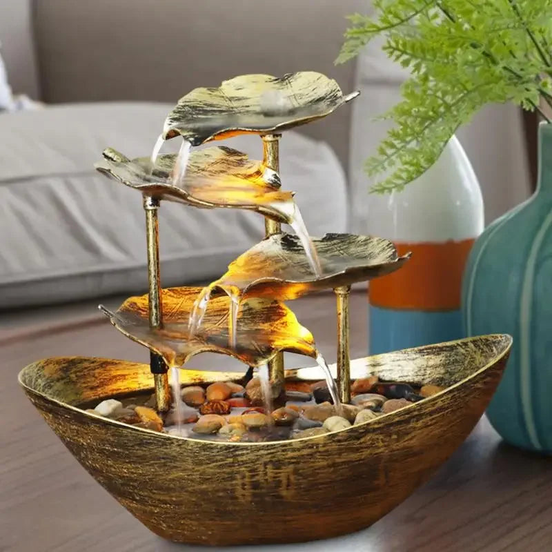 Fonte Decorativa de Mesa com Cascata Lótus Led Bomba Usb Lenogue Dourado