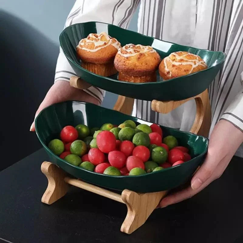 Fruteira de Bambu Natural Cestas Empilháveis para Organizar Frutas Lenogue Verde (2 Camadas)