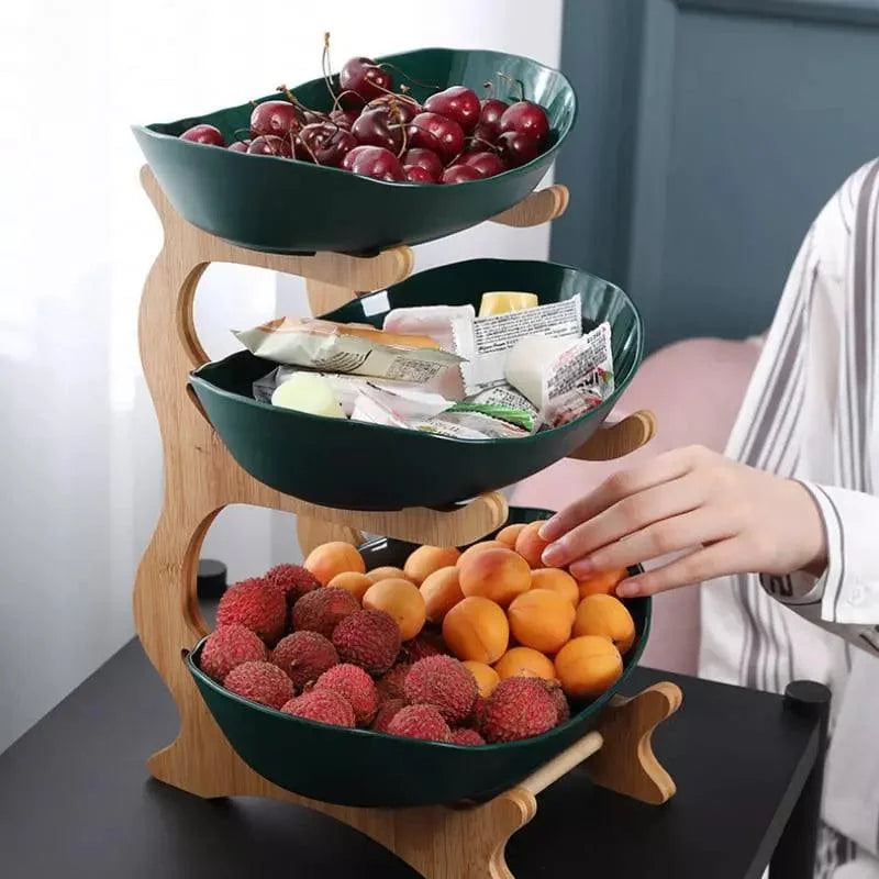 Fruteira de Bambu Natural Cestas Empilháveis para Organizar Frutas Lenogue Verde (3 Camadas)