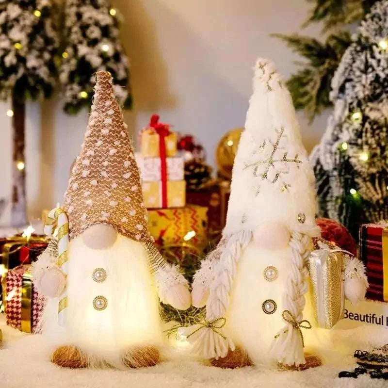 Gnomo de Natal Iluminado com Led para Decoração Lenogue Bege e Branco (2 Peças)
