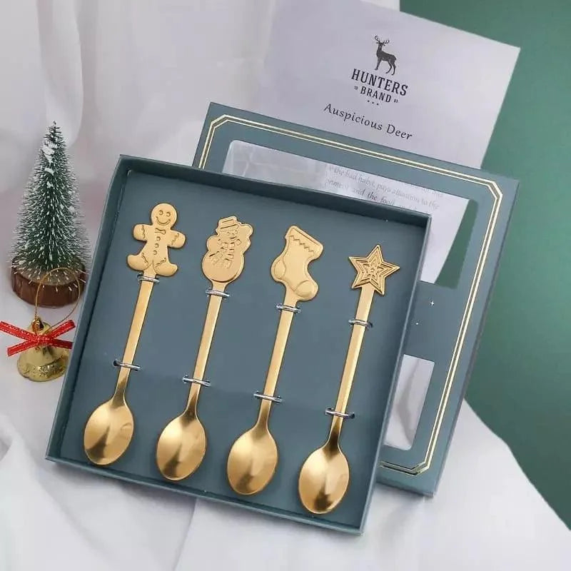 Jogo de Colheres Decorativas Natalinas em Aço Inoxidável Lenogue Dourado / Caixa Verde