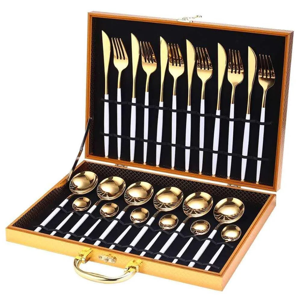 Jogo de Talheres Aço Inox 24 Peças com Maleta Lenogue Branco Dourado