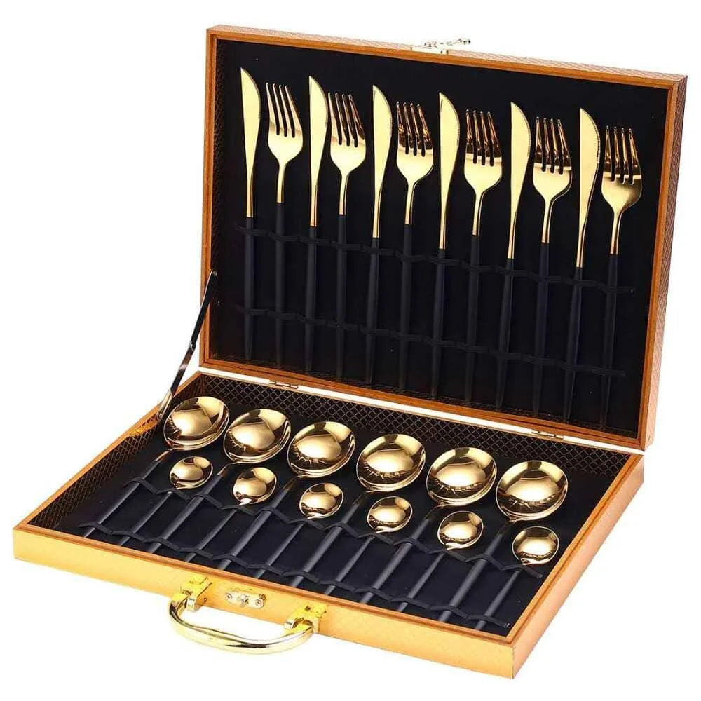 Jogo de Talheres Aço Inox 24 Peças com Maleta Lenogue Preto Dourado