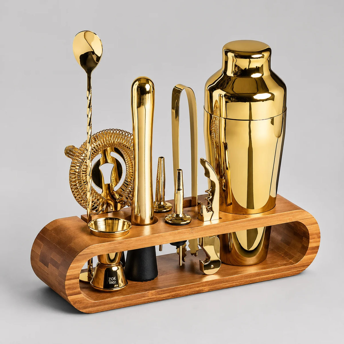 Kit Bartender 10 Peças de Aço Inox com Suporte Bambu Lenogue Dourado