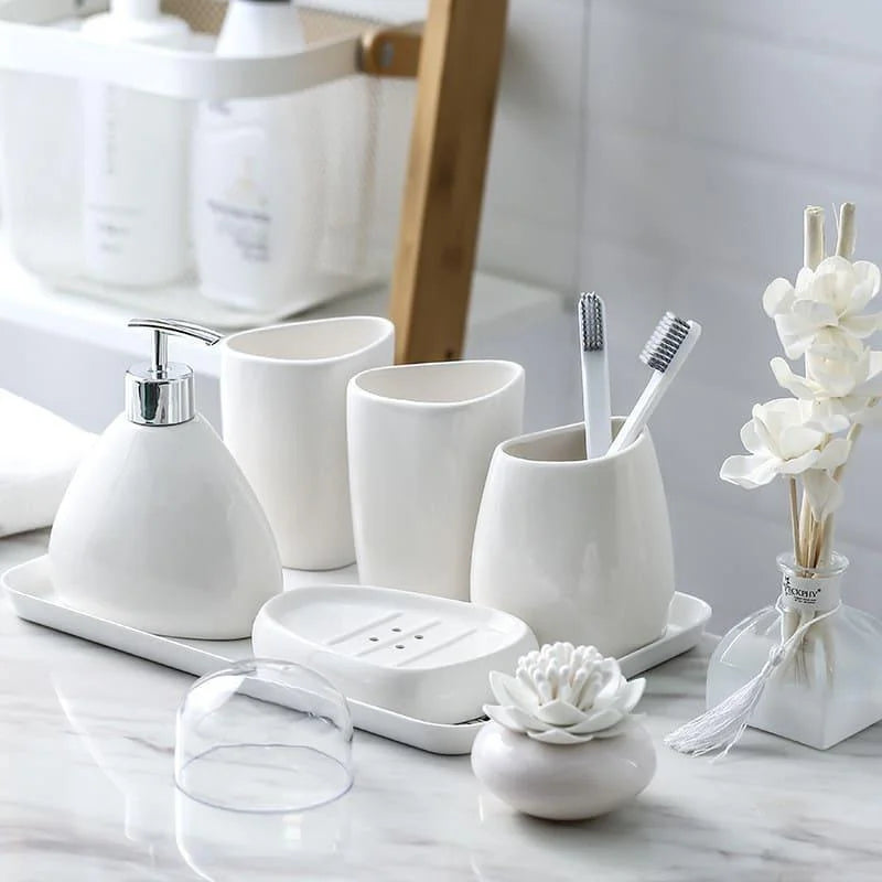 Kit de Banheiro em Cerâmica com 6 Peças para Lavabo Lenogue 5 + Bandeja