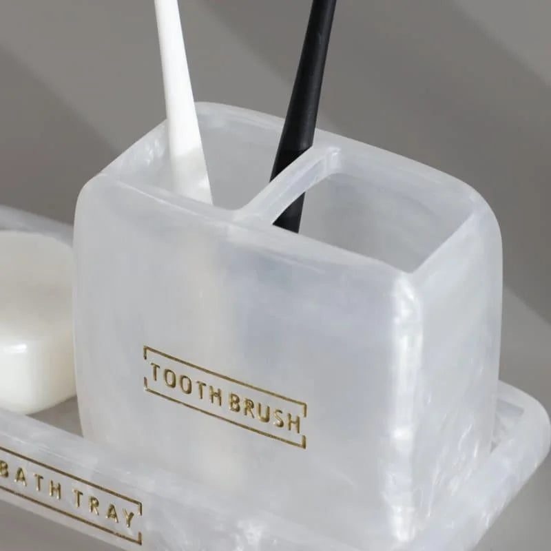 Kit para Banheiro Resina Dourado com Dispenser e Porta Escova 3 Peças Lenogue Branco Pérola