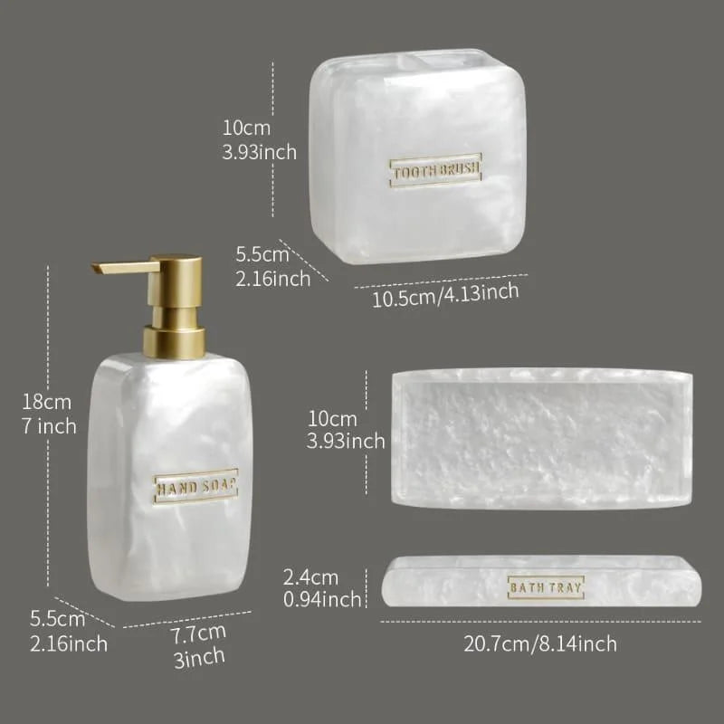 Kit para Banheiro Resina Dourado com Dispenser e Porta Escova 3 Peças Lenogue Branco Pérola