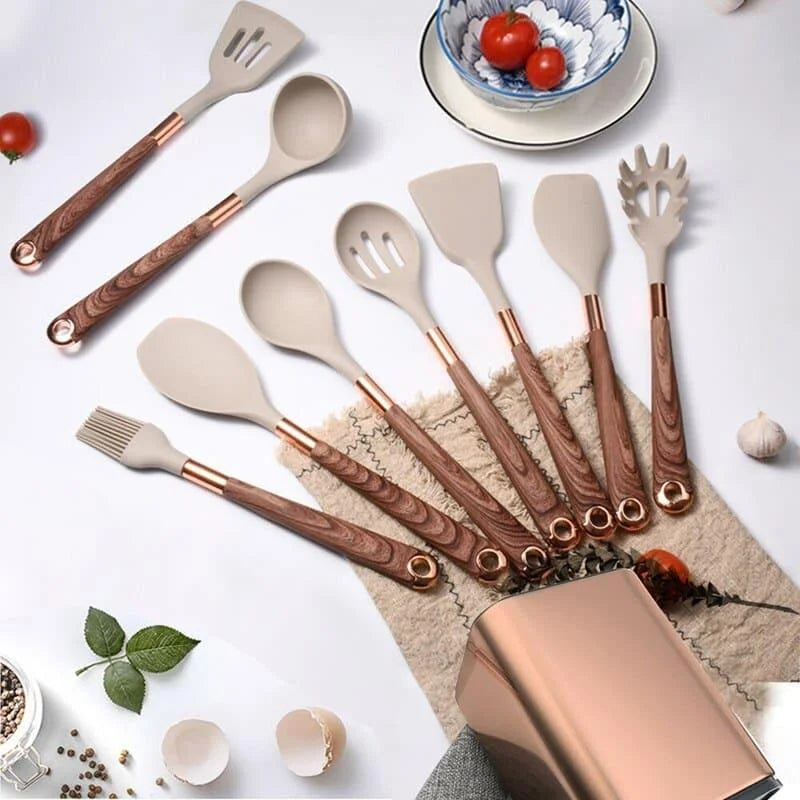 Kit Utensílios de Cozinha 10 Peças em Silicone Rosé com Organizador Lenogue + Suporte