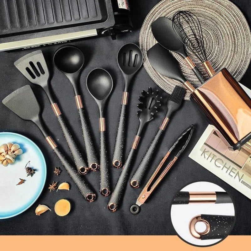 Kit Utensílios de Cozinha 10 Peças em Silicone Rosé com Organizador Lenogue