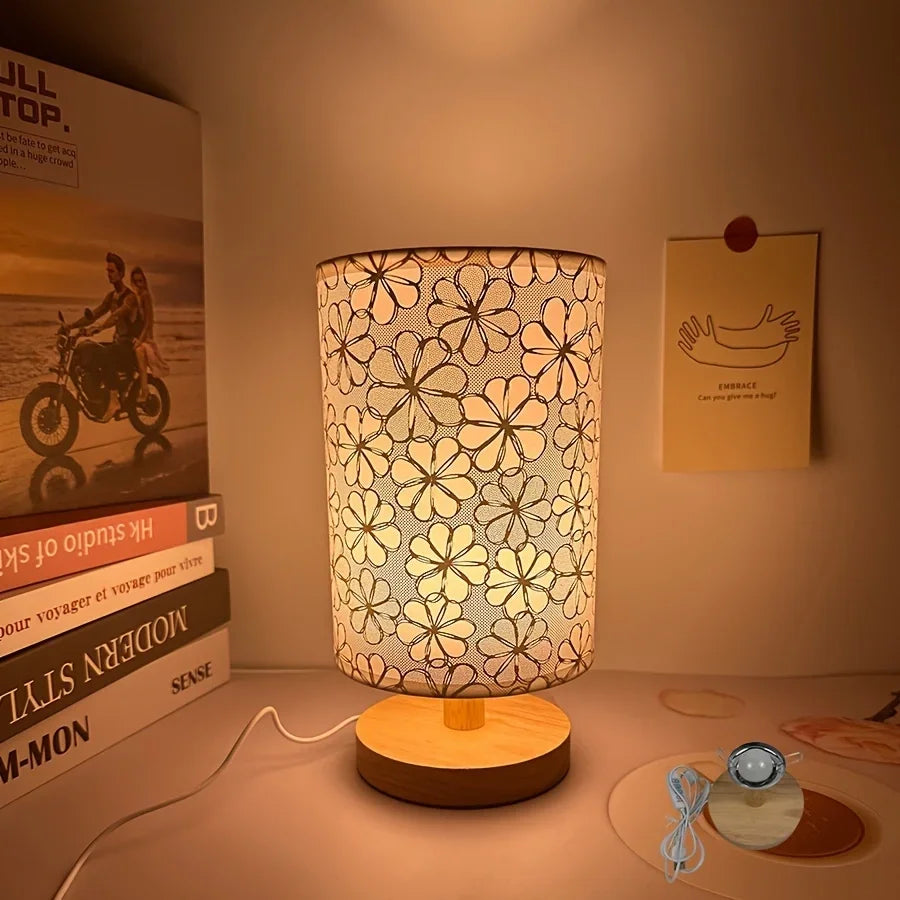 Luminária de Mesa Fleurie Base Madeira Abajur Floral Lenogue Bege