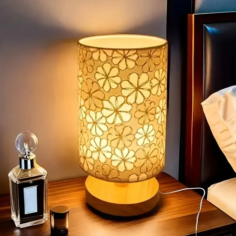 Luminária de Mesa Fleurie Base Madeira Abajur Floral Lenogue Bege