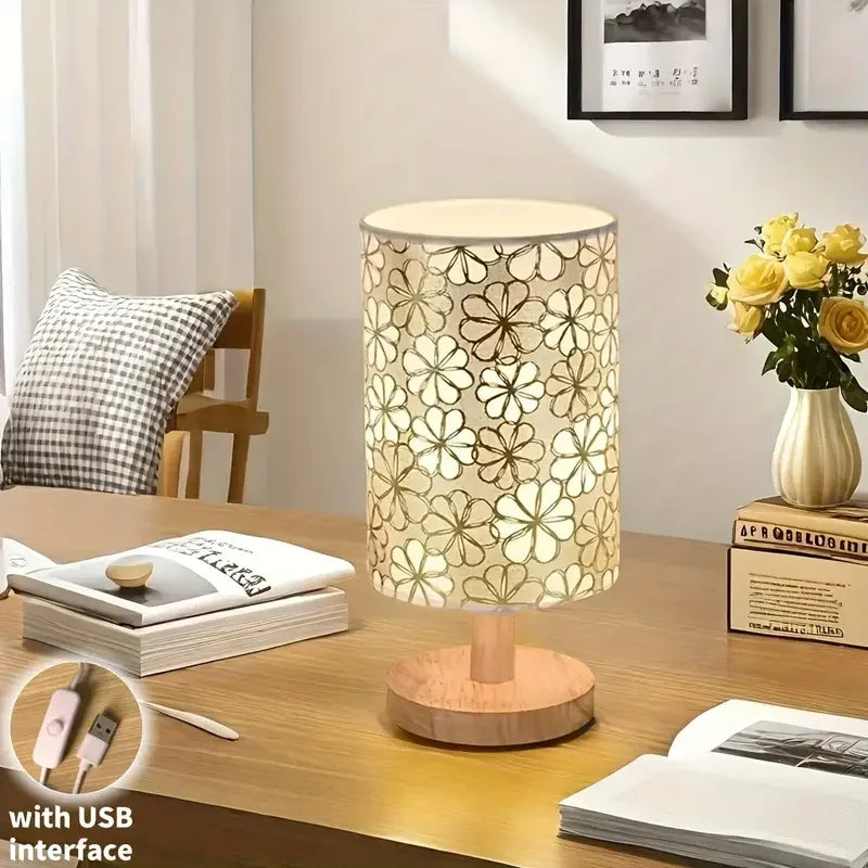 Luminária de Mesa Fleurie Base Madeira Abajur Floral Lenogue Bege