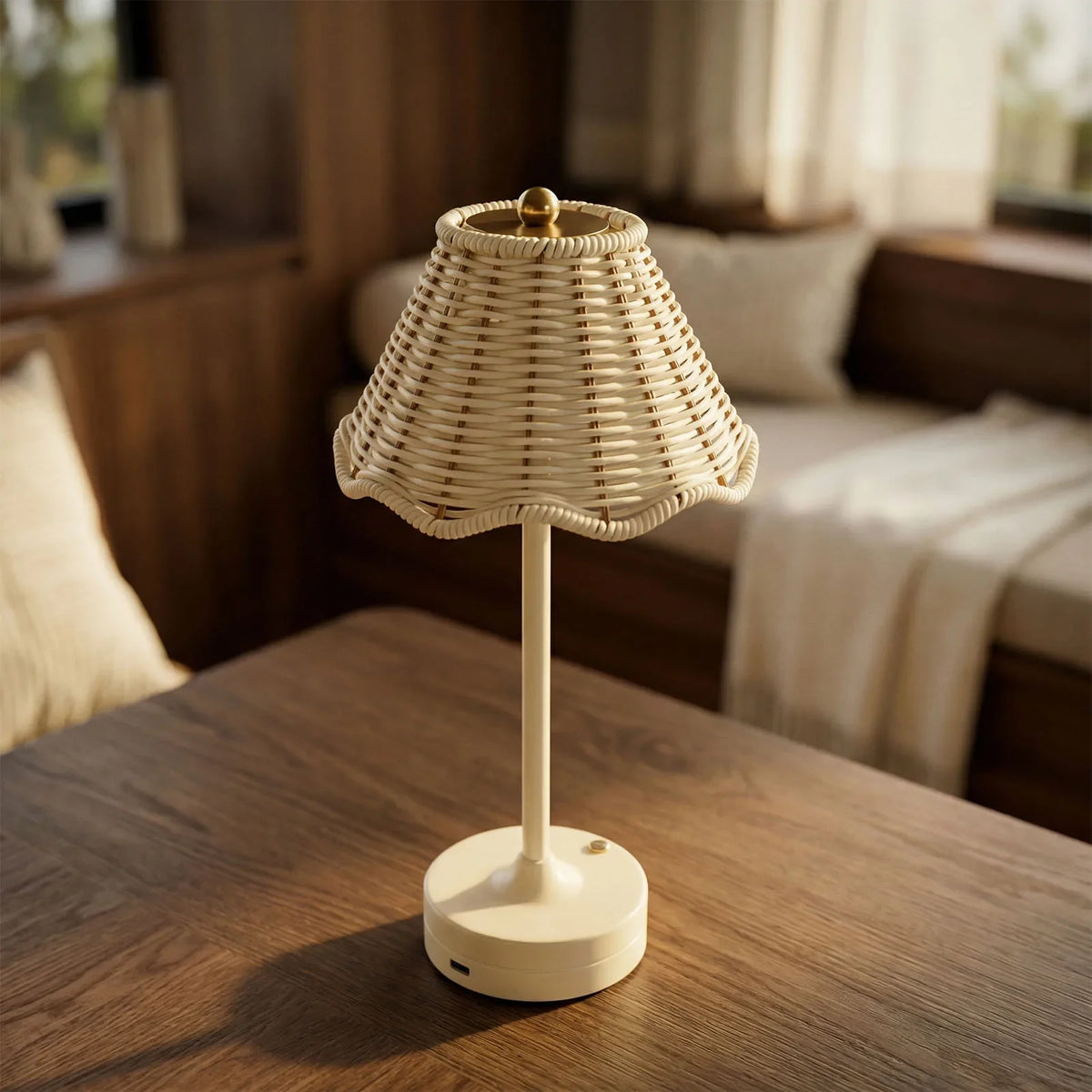 Luminária de Mesa Rattan Rotin sem Fio Brilho Ajustável Lenogue
