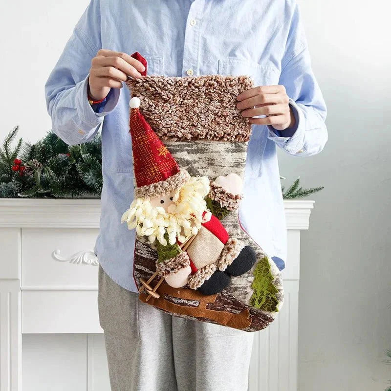 Meia Natalina Decorativa de Cânhamo e Flanela para Lareira 48cm Lenogue Papai Noel