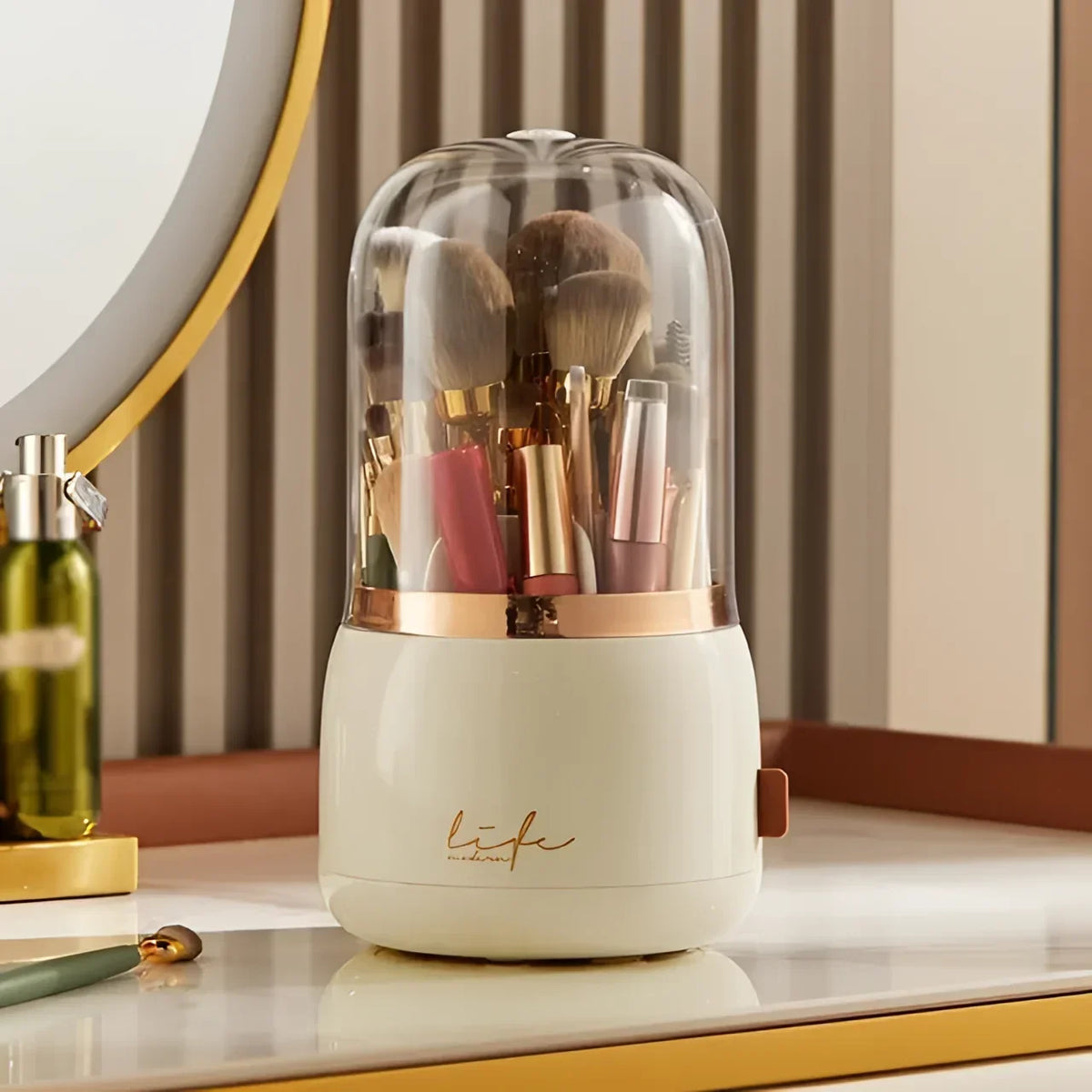 Organizador Porta Pincéis de Maquiagem Giratório com Design Moderno Lenogue Bege