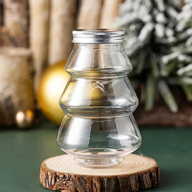 Pote de Natal para Festas árvore Verde e Boneco Neve Lenogue 1 Peça (Transparente) 14 Cm - 500 Ml