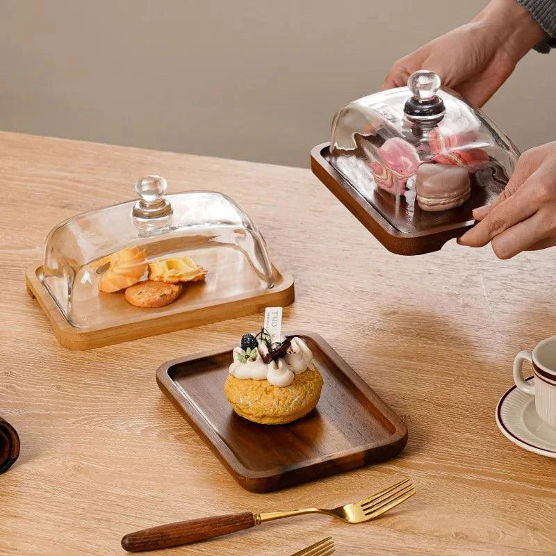 Prato de Madeira com Tampa Vidro para Servir Queijo Lenogue Acacia