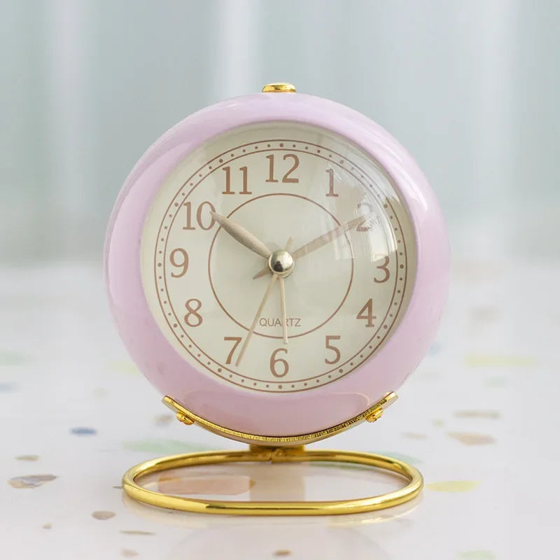 Relógio Despertador Metal Redondo Silencioso com Luz para Mesa Lenogue Rosa