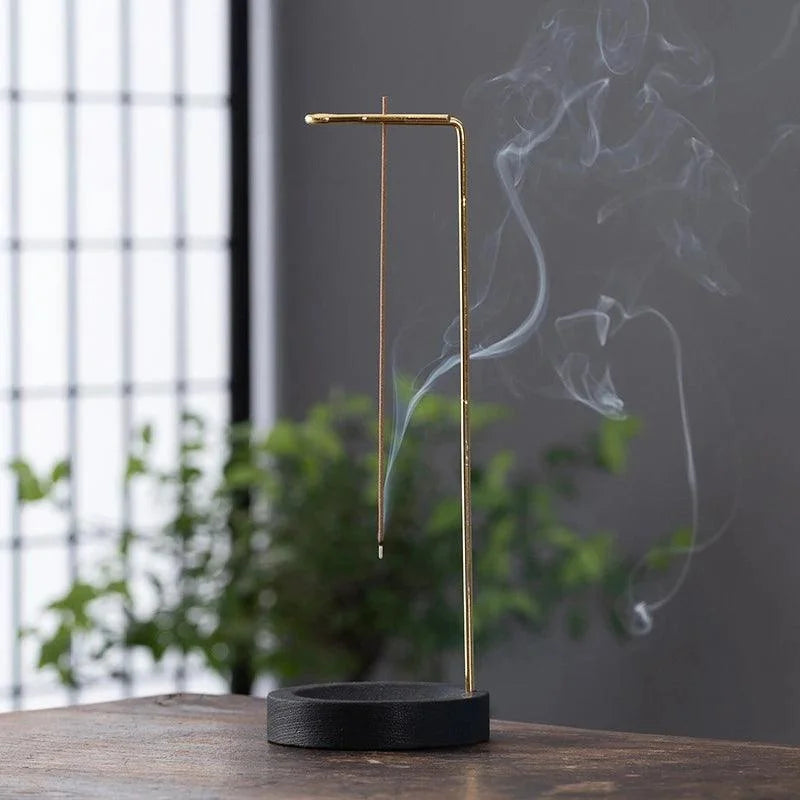 Suporte de Incenso Invertido Madeira e Metal para Aromaterapia Lenogue Preto Dourado