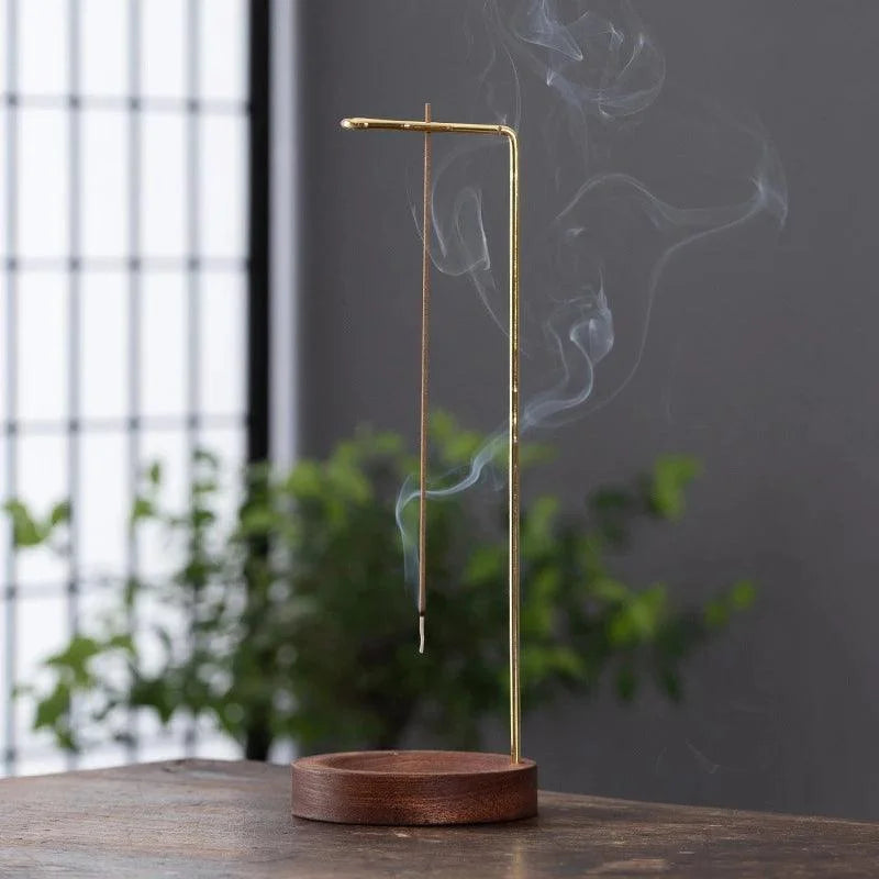 Suporte de Incenso Invertido Madeira e Metal para Aromaterapia Lenogue Marrom Dourado