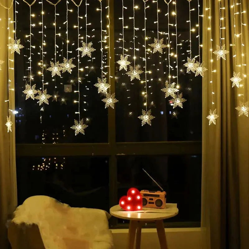 Varal de Luzes Led Flocos Neve com 8 Modos Iluminação Lenogue Amarelo / 110v
