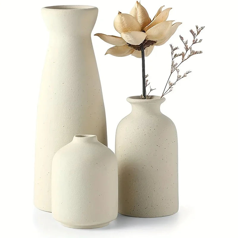 Vasos Decorativos Cerâmica Rústica para Sala e Escritório 3 Peças Lenogue Bege